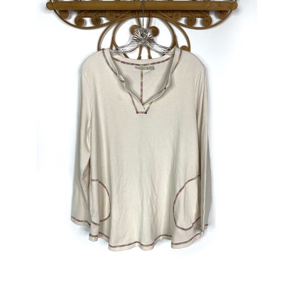 LOGO Lounge Long Sleeve Waffle Contrast Rainbow Stitch Tunic Ivory L - Picture 1 of 5